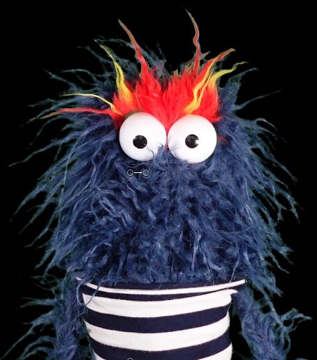MyDirtySock, a blue sock puppet with flame-coloured hair